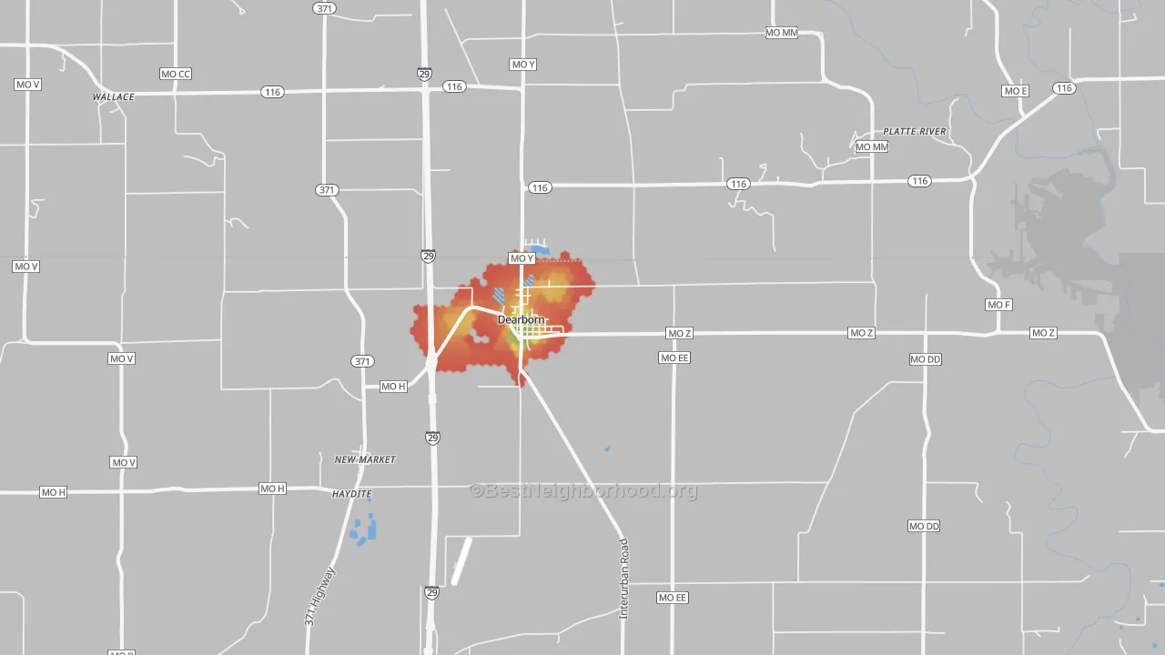 Walk Grade map of Dearborn, MO, walkable areas in green and car-dependent areas in red