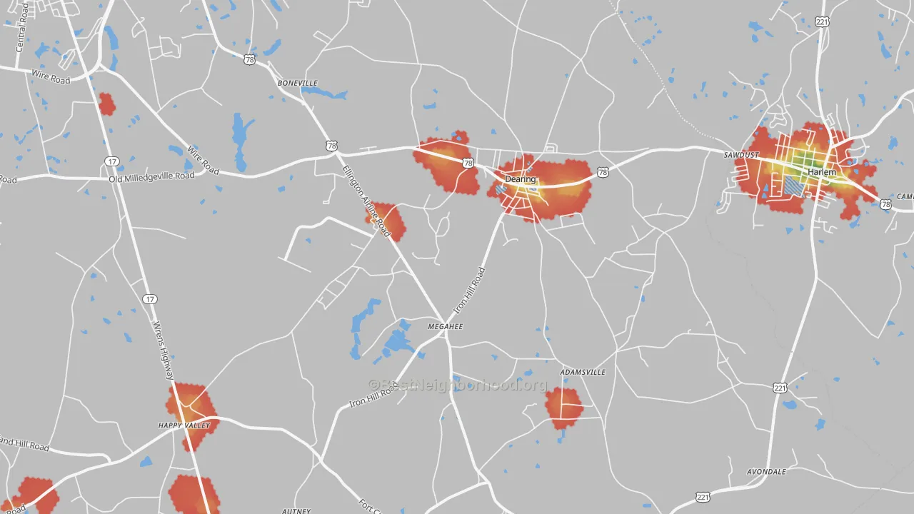 Walk Grade map of Dearing, GA, walkable areas in green and car-dependent areas in red