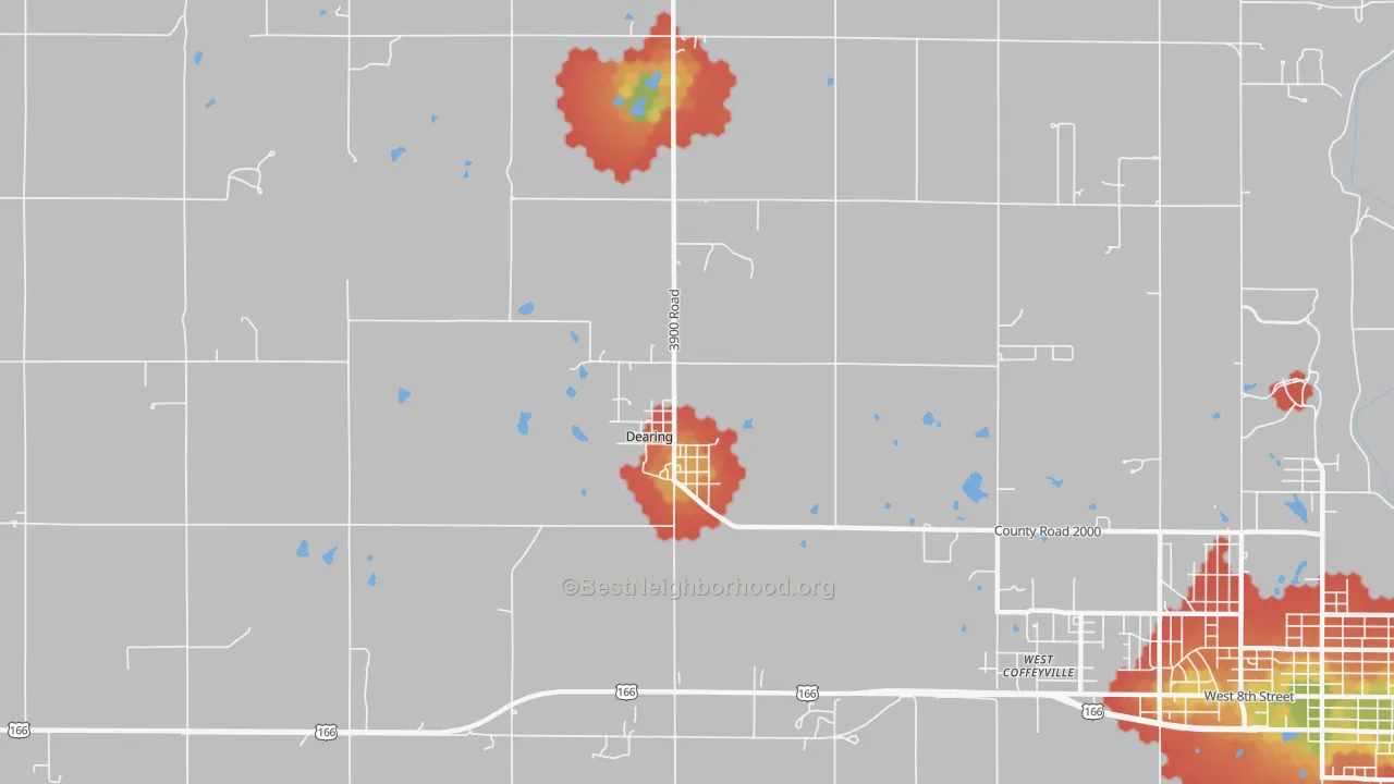 Walk Grade map of Dearing, KS, walkable areas in green and car-dependent areas in red