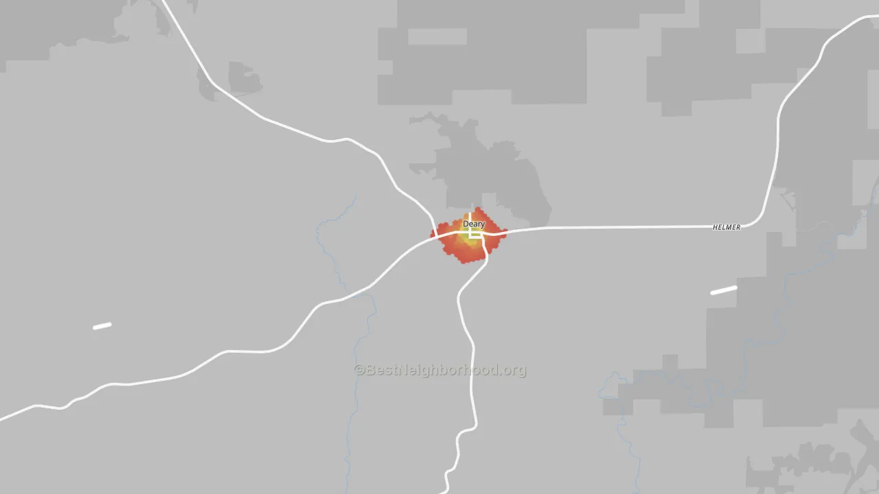 Walk Grade map of Deary, ID, walkable areas in green and car-dependent areas in red