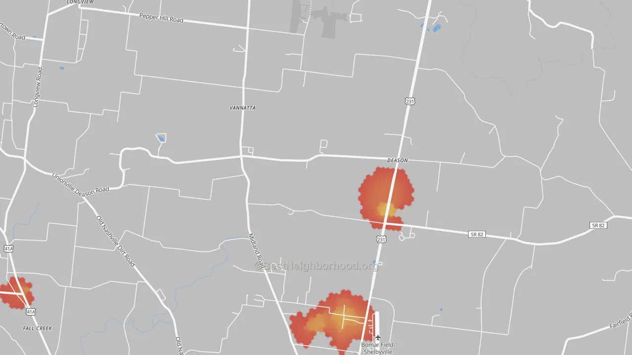 Walk Grade map of Deason, TN, walkable areas in green and car-dependent areas in red