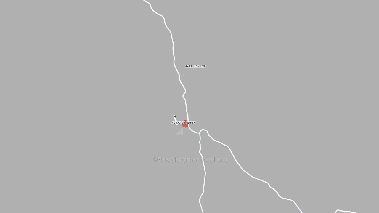 Walk Grade map of Death Valley, CA, walkable areas in green and car-dependent areas in red