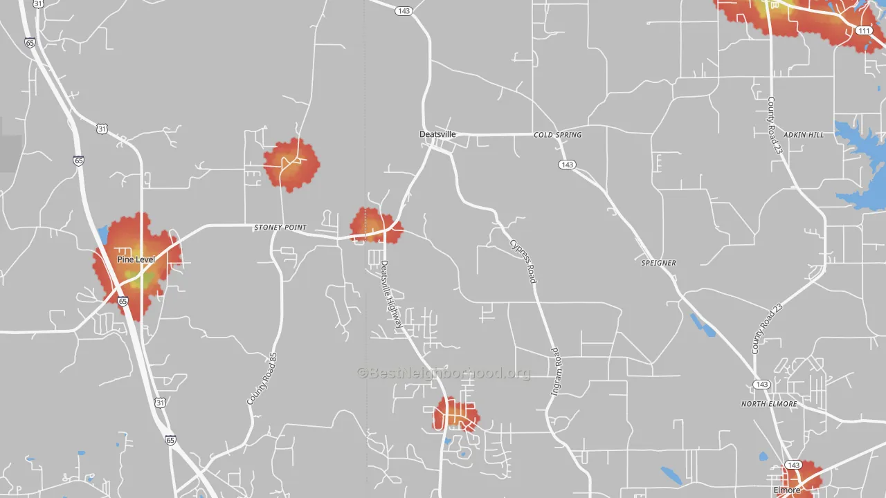 Walk Grade map of Deatsville, AL, walkable areas in green and car-dependent areas in red