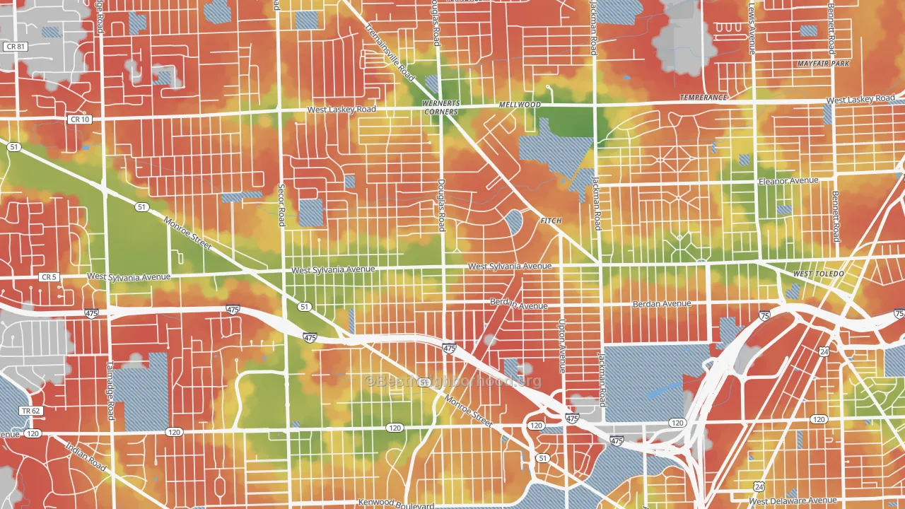 Walk Grade map of Deaveaux, Toledo, OH, walkable areas in green and car-dependent areas in red