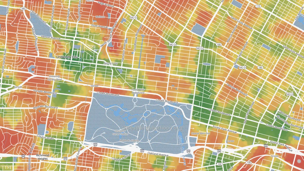 Walk Grade map of Debaliviere Place, St. Louis, MO, walkable areas in green and car-dependent areas in red