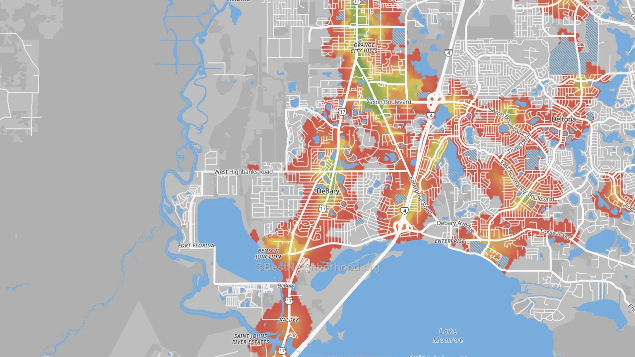 Walk Grade map of DeBary, FL, walkable areas in green and car-dependent areas in red