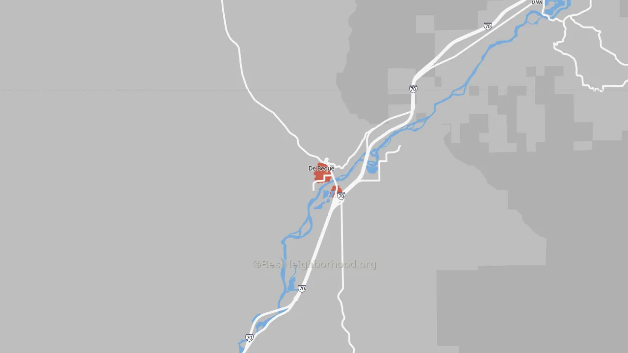 Walk Grade map of DeBeque, CO, walkable areas in green and car-dependent areas in red