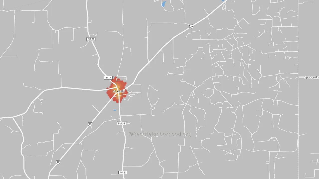 Walk Grade map of DeBerry, TX, walkable areas in green and car-dependent areas in red