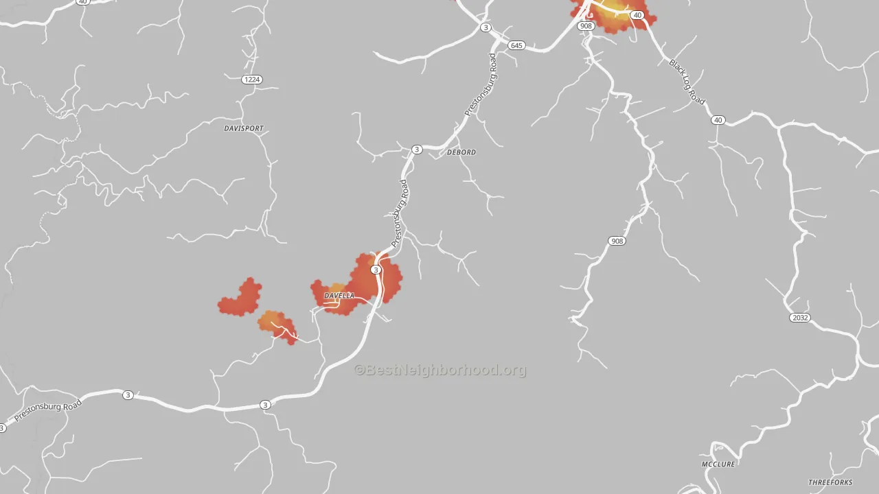 Walk Grade map of DeBord, KY, walkable areas in green and car-dependent areas in red