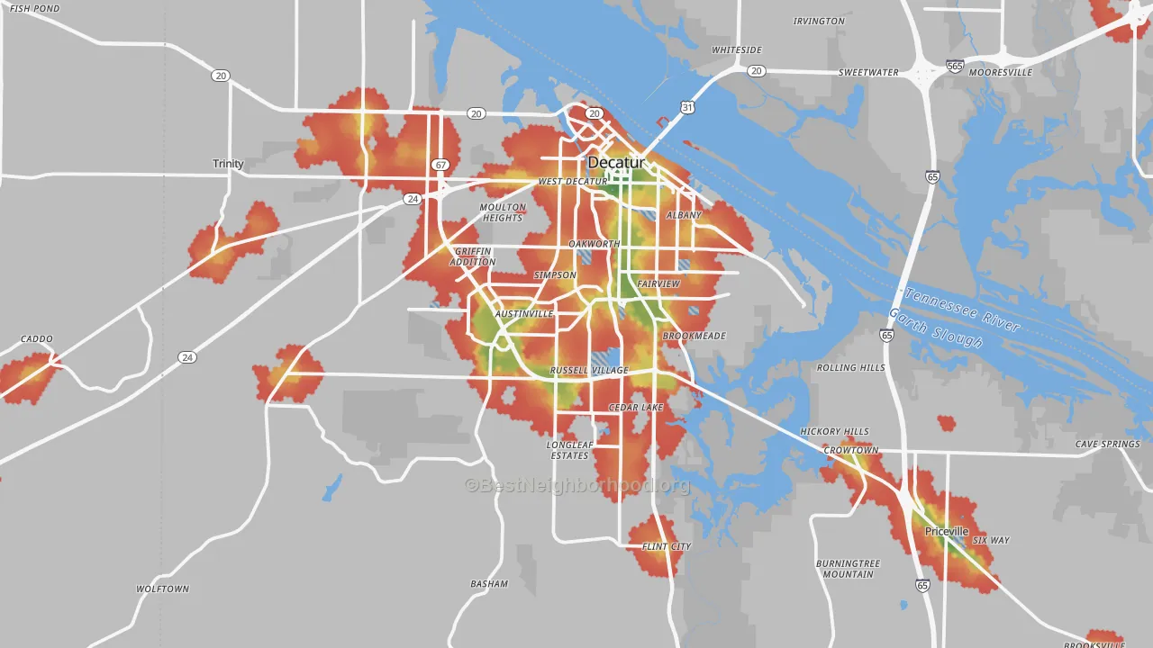 Walk Grade map of Decatur, AL, walkable areas in green and car-dependent areas in red