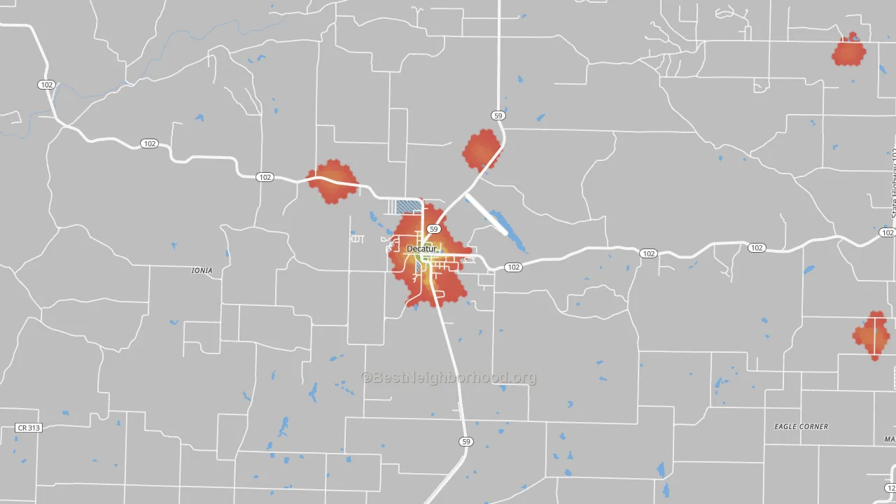 Walk Grade map of Decatur, AR, walkable areas in green and car-dependent areas in red