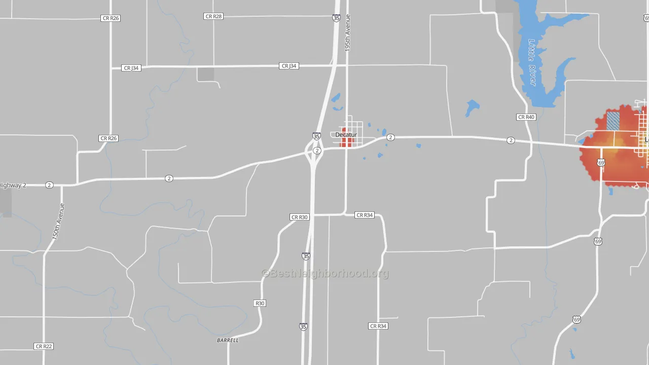 Walk Grade map of Decatur City, IA, walkable areas in green and car-dependent areas in red