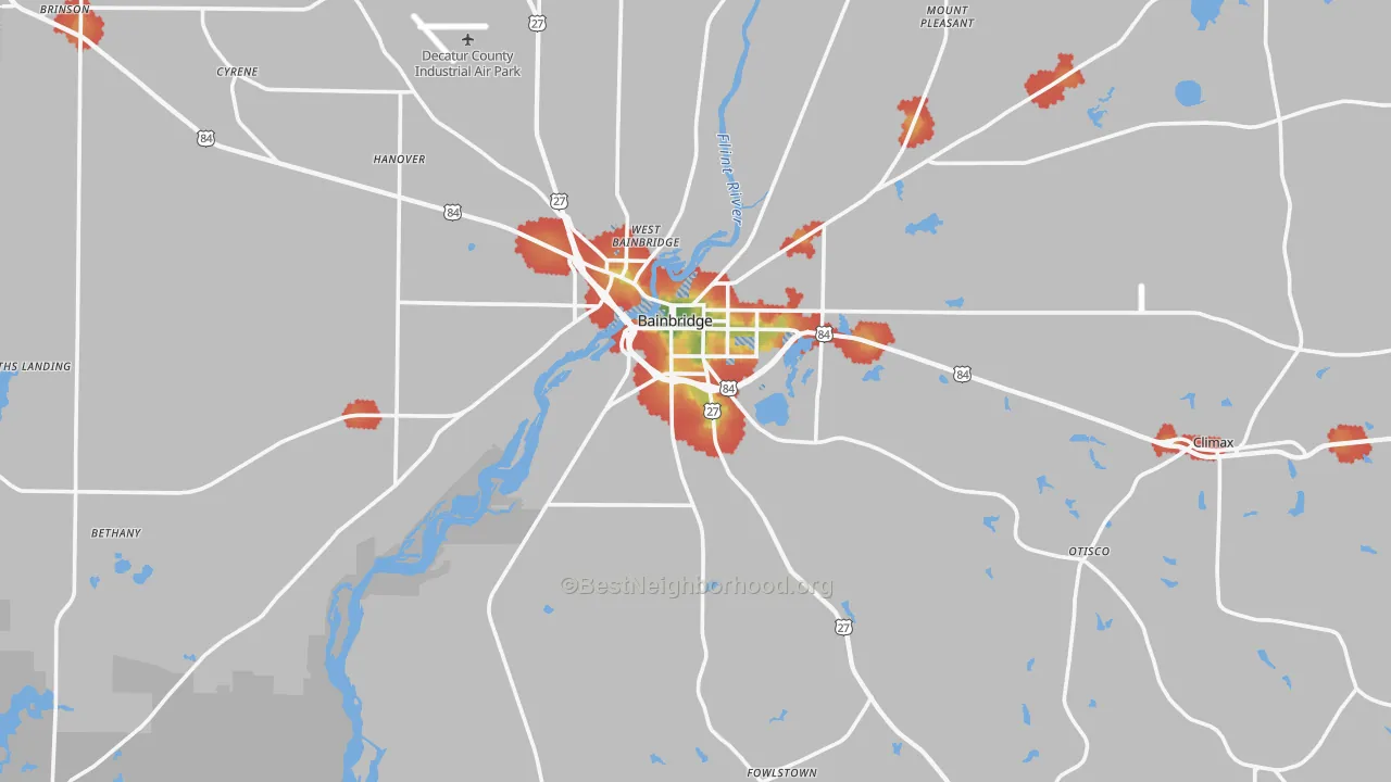 Walk Grade map of Decatur County, GA, walkable areas in green and car-dependent areas in red
