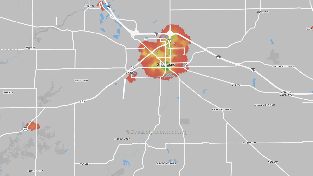 Walk Grade map of Decatur County, IN, walkable areas in green and car-dependent areas in red