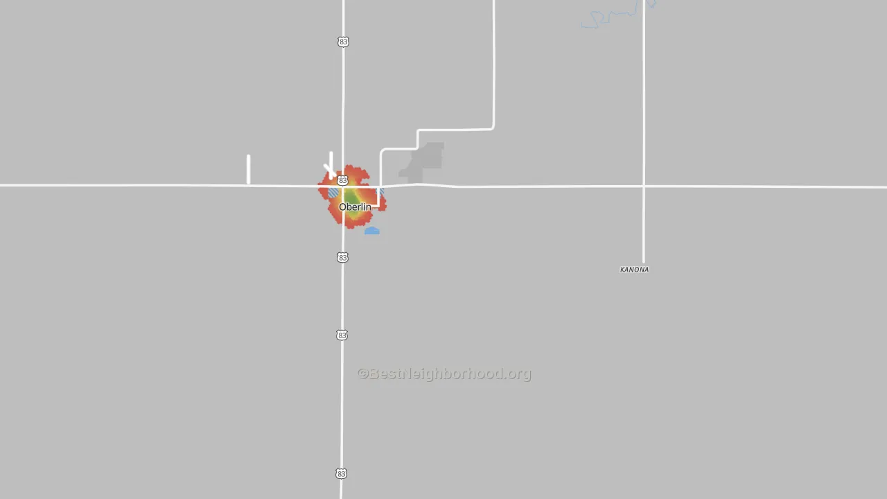 Walk Grade map of Decatur County, KS, walkable areas in green and car-dependent areas in red