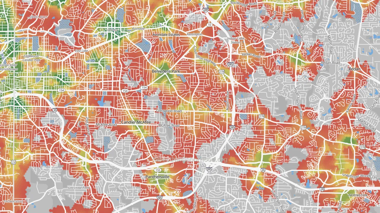 Walk Grade map of Decatur, GA, walkable areas in green and car-dependent areas in red