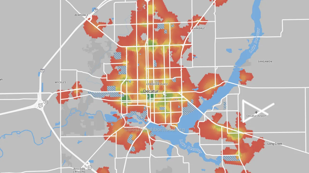 Walk Grade map of Decatur, IL, walkable areas in green and car-dependent areas in red