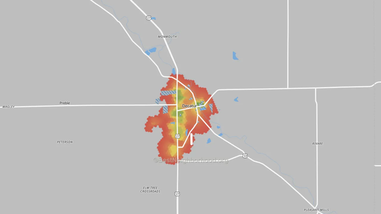 Walk Grade map of Decatur, IN, walkable areas in green and car-dependent areas in red