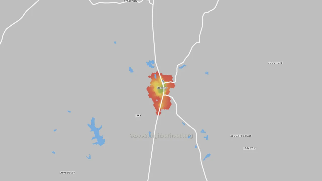 Walk Grade map of Decatur, MS, walkable areas in green and car-dependent areas in red