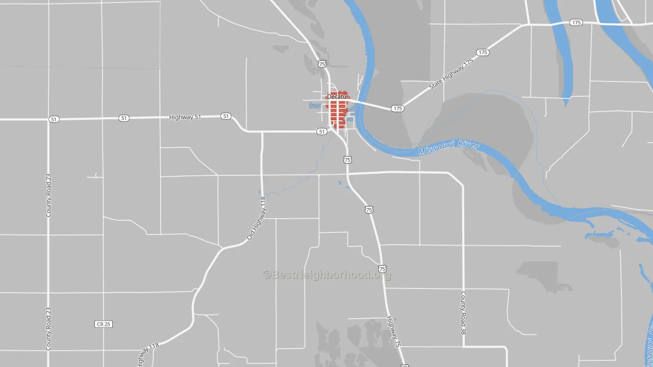 Walk Grade map of Decatur, NE, walkable areas in green and car-dependent areas in red
