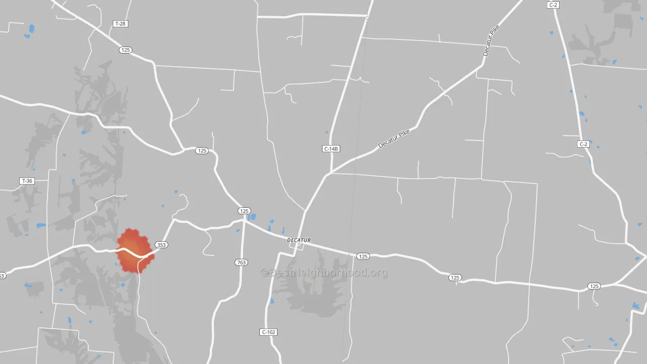 Walk Grade map of Decatur, OH, walkable areas in green and car-dependent areas in red