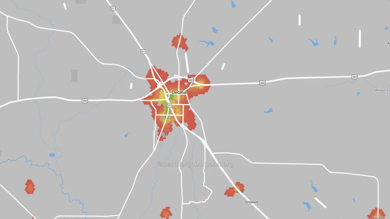 Walk Grade map of Decatur, TX, walkable areas in green and car-dependent areas in red