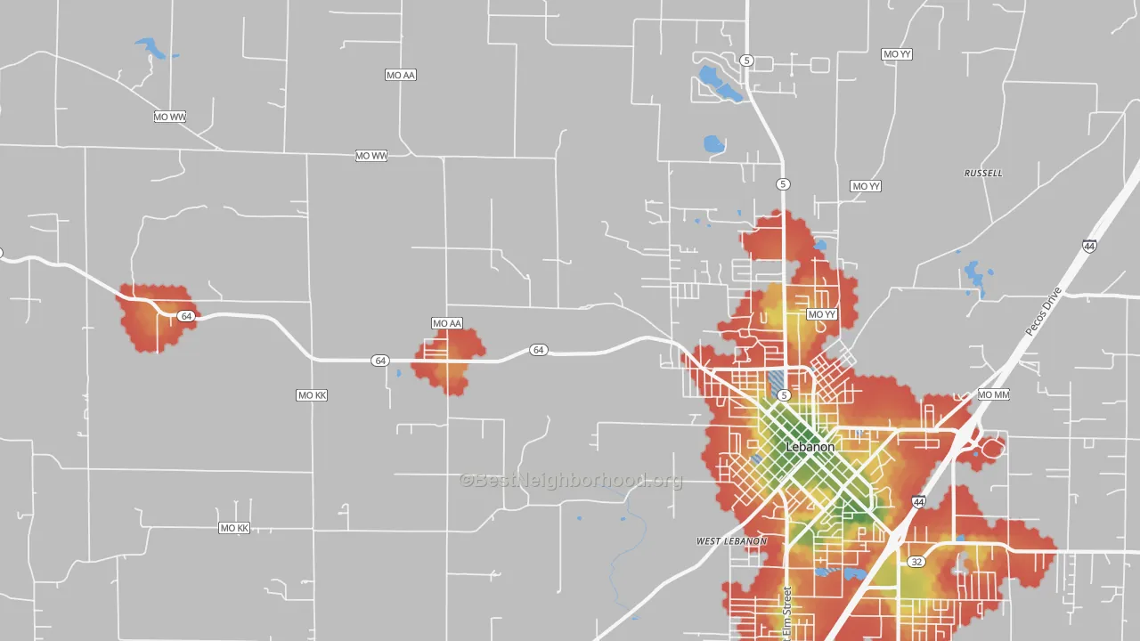 Walk Grade map of Decaturville, MO, walkable areas in green and car-dependent areas in red