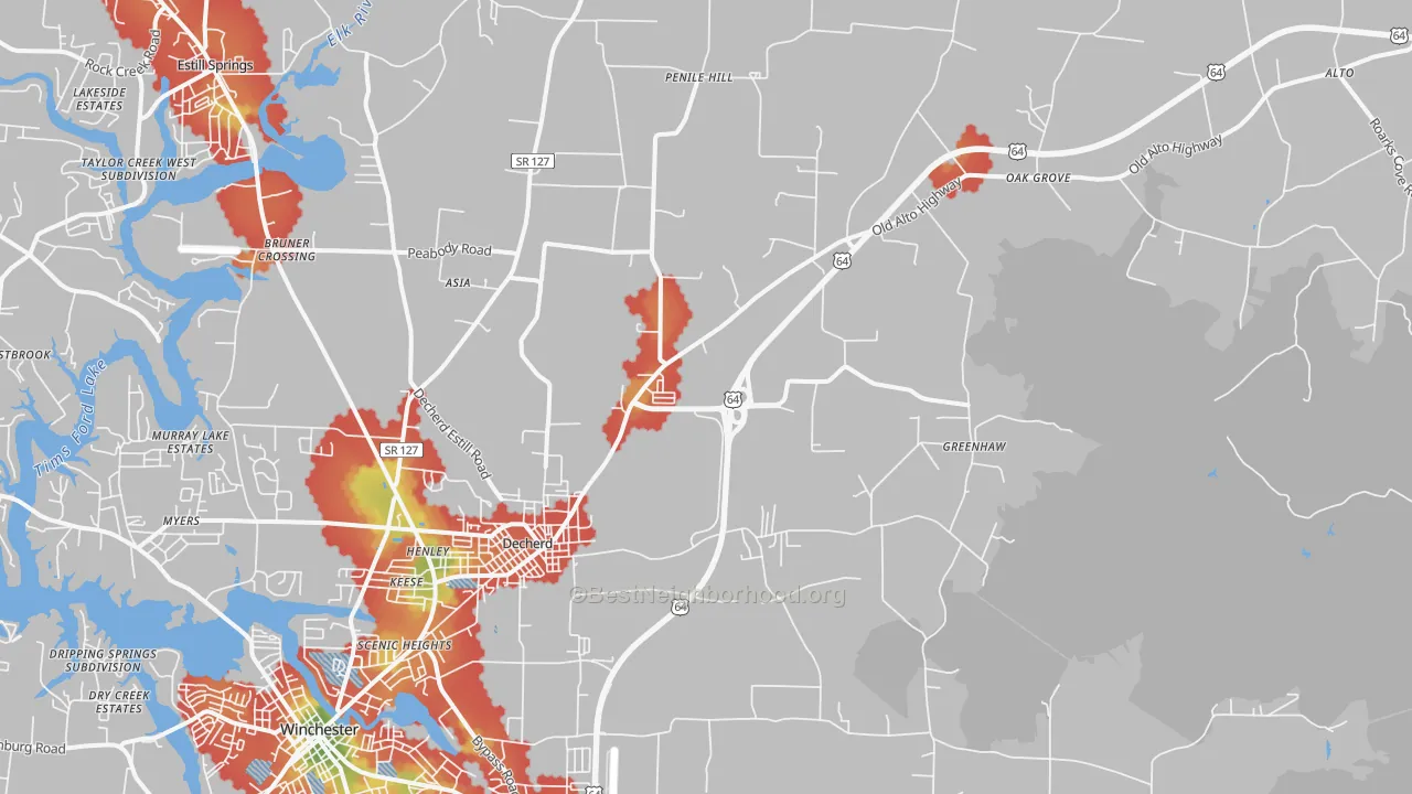Walk Grade map of Decherd, TN, walkable areas in green and car-dependent areas in red