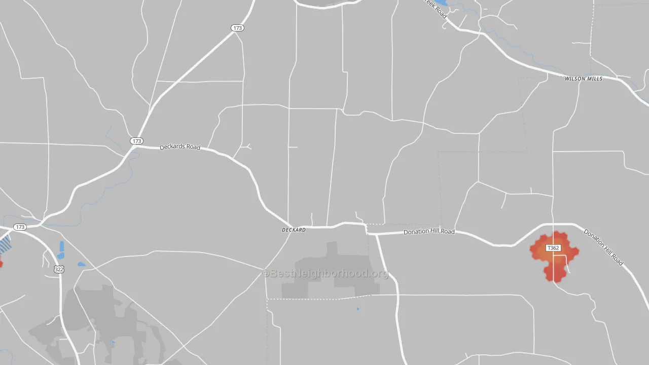 Walk Grade map of Deckard, PA, walkable areas in green and car-dependent areas in red