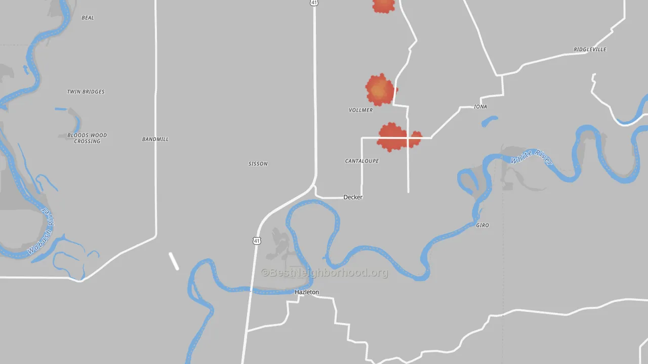 Walk Grade map of Decker, IN, walkable areas in green and car-dependent areas in red