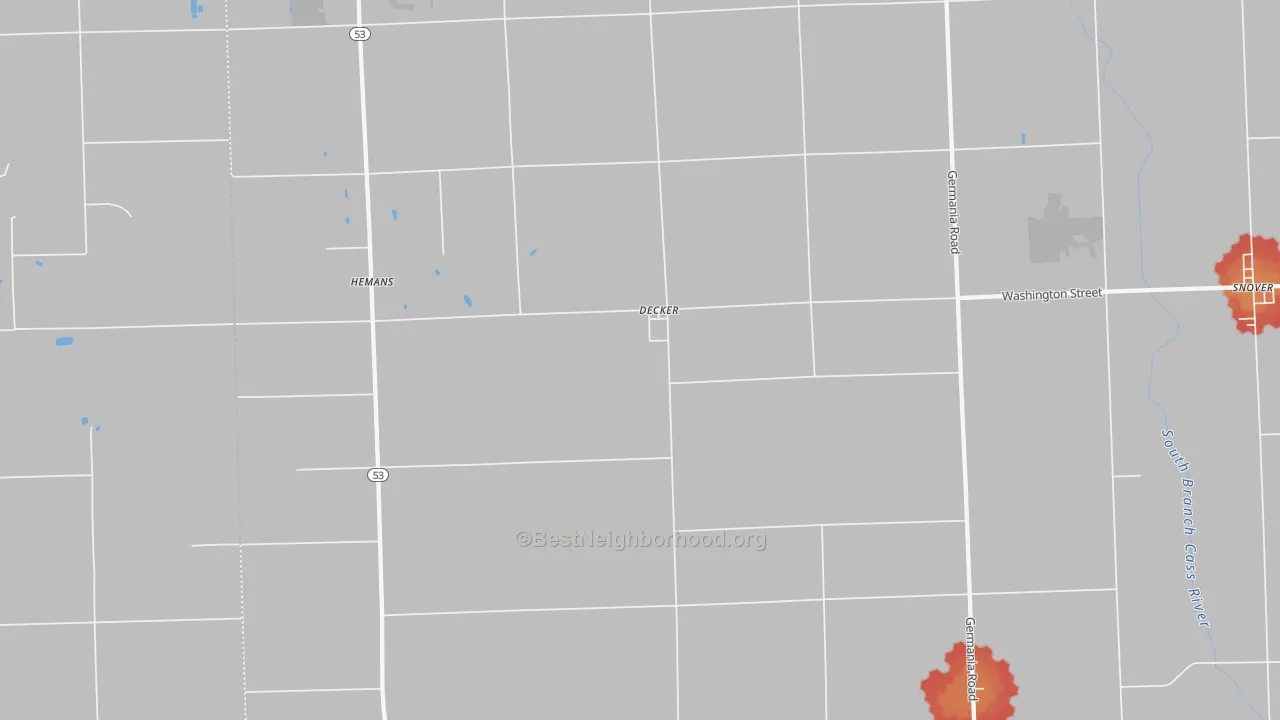 Walk Grade map of Decker, MI, walkable areas in green and car-dependent areas in red