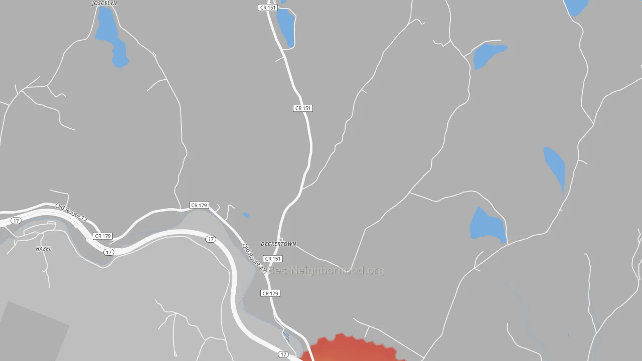 Walk Grade map of Deckertown, NY, walkable areas in green and car-dependent areas in red