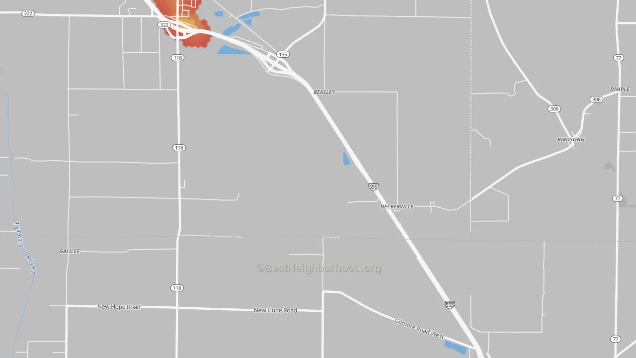 Walk Grade map of Deckerville, AR, walkable areas in green and car-dependent areas in red