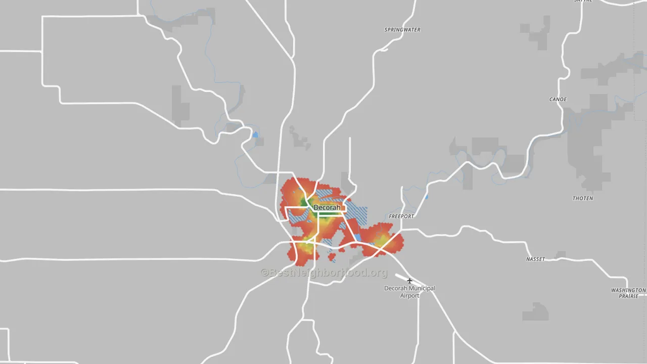 Walk Grade map of Decorah, IA, walkable areas in green and car-dependent areas in red