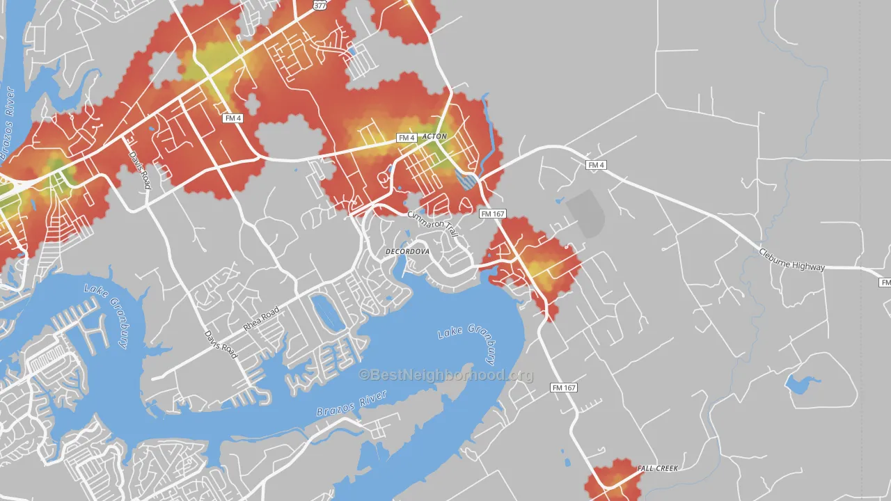 Walk Grade map of DeCordova, TX, walkable areas in green and car-dependent areas in red