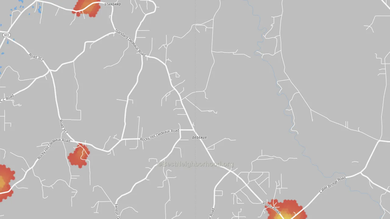 Walk Grade map of Dedeaux, MS, walkable areas in green and car-dependent areas in red