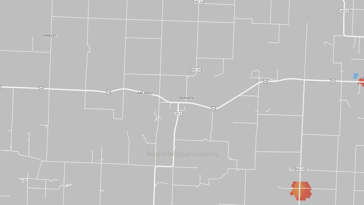 Walk Grade map of Dederick, MO, walkable areas in green and car-dependent areas in red