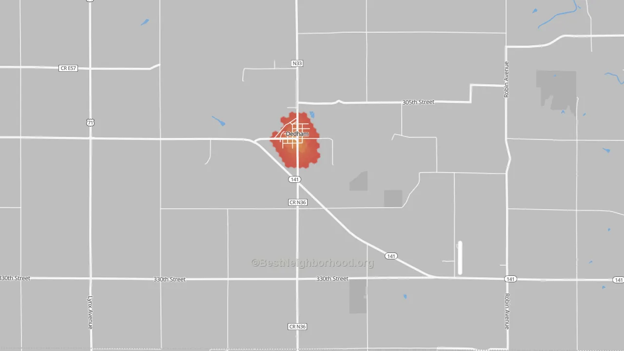 Walk Grade map of Dedham, IA, walkable areas in green and car-dependent areas in red