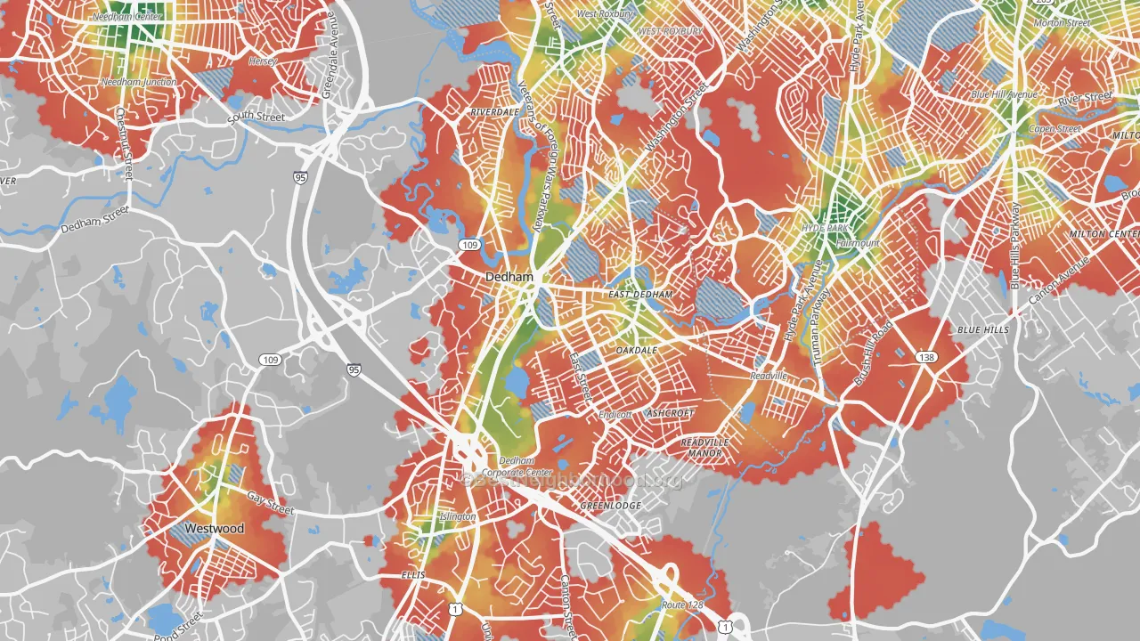 Walk Grade map of Dedham, MA, walkable areas in green and car-dependent areas in red