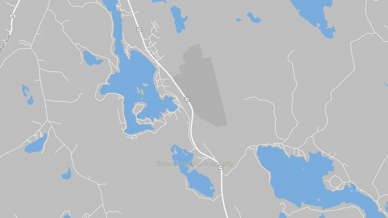 Walk Grade map of Dedham, ME, walkable areas in green and car-dependent areas in red