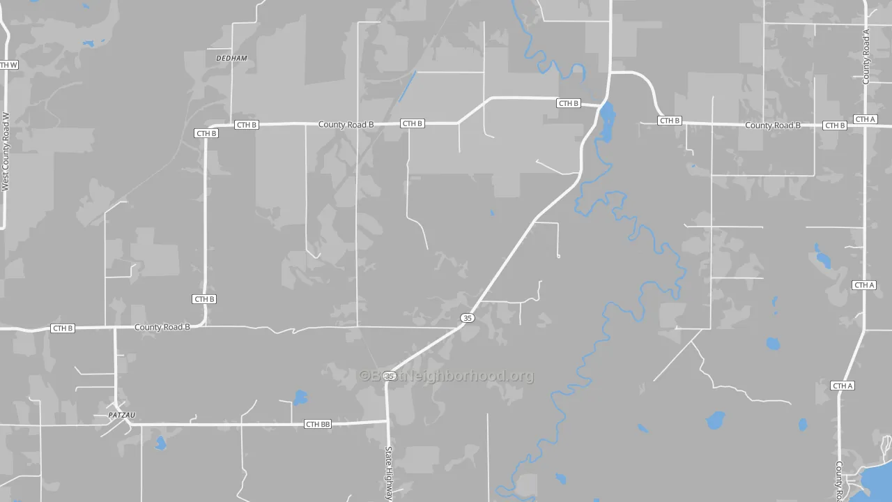 Walk Grade map of Dedham, WI, walkable areas in green and car-dependent areas in red