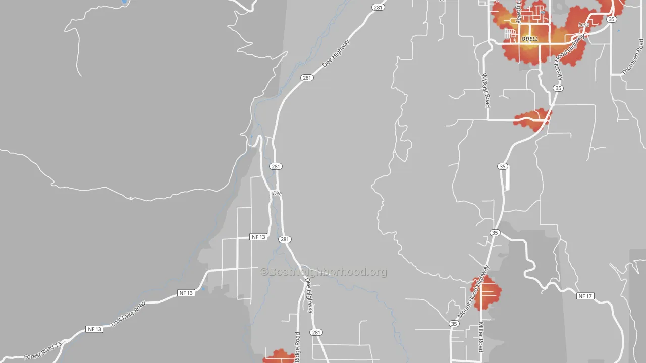 Walk Grade map of Dee, OR, walkable areas in green and car-dependent areas in red