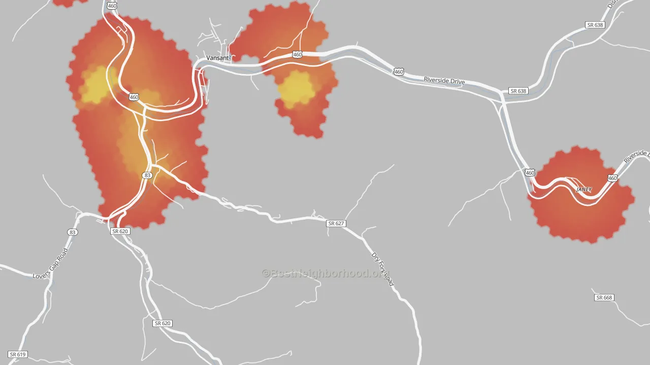 Walk Grade map of Deel, VA, walkable areas in green and car-dependent areas in red