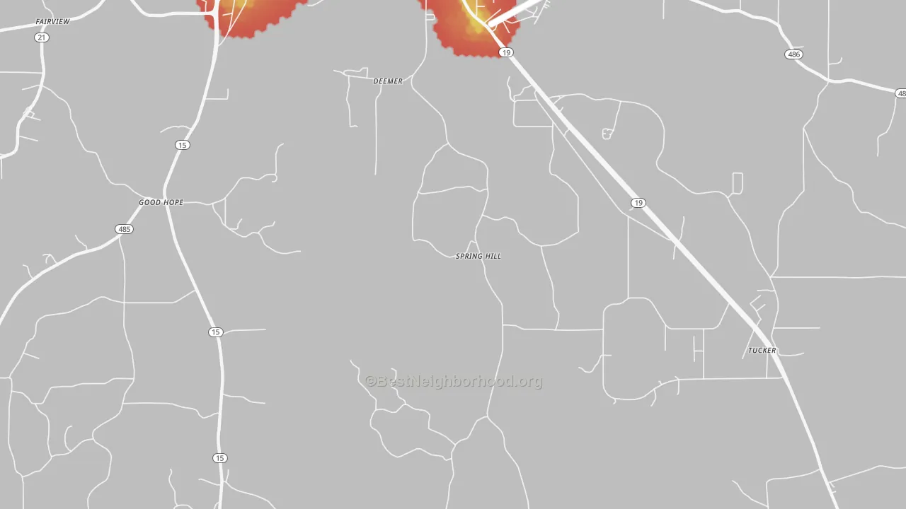 Walk Grade map of Deemer, MS, walkable areas in green and car-dependent areas in red