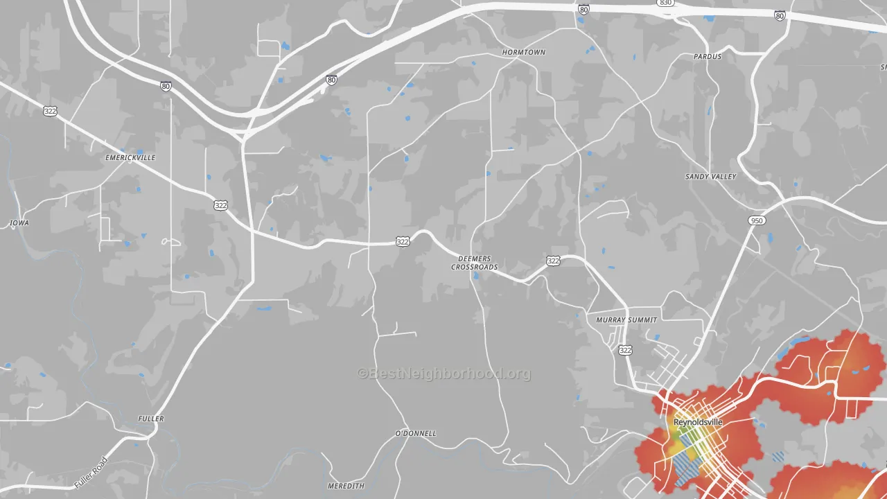 Walk Grade map of Deemers Cross Roads, PA, walkable areas in green and car-dependent areas in red