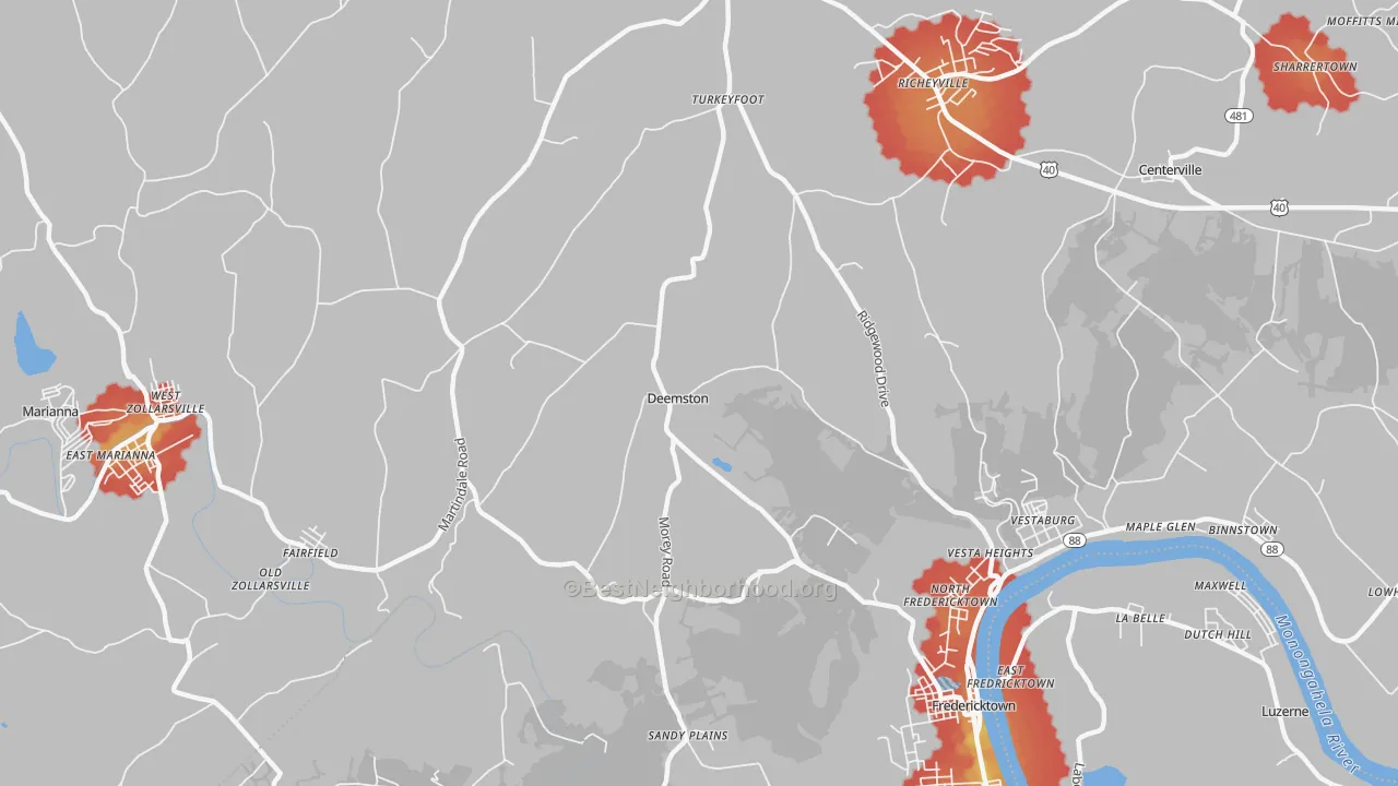 Walk Grade map of Deemston, PA, walkable areas in green and car-dependent areas in red