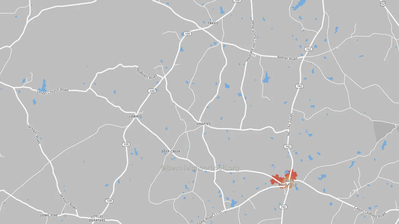 Walk Grade map of Deep Creek, NC, walkable areas in green and car-dependent areas in red