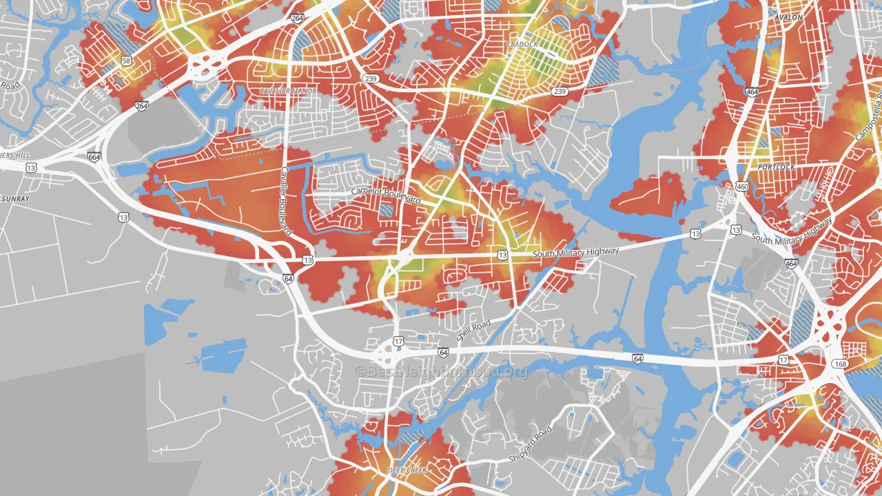 Walk Grade map of Deep Creek North, Chesapeake, VA, walkable areas in green and car-dependent areas in red