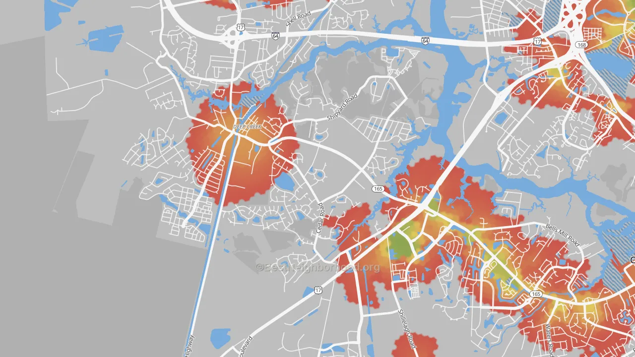 Walk Grade map of Deep Creek South, Chesapeake, VA, walkable areas in green and car-dependent areas in red