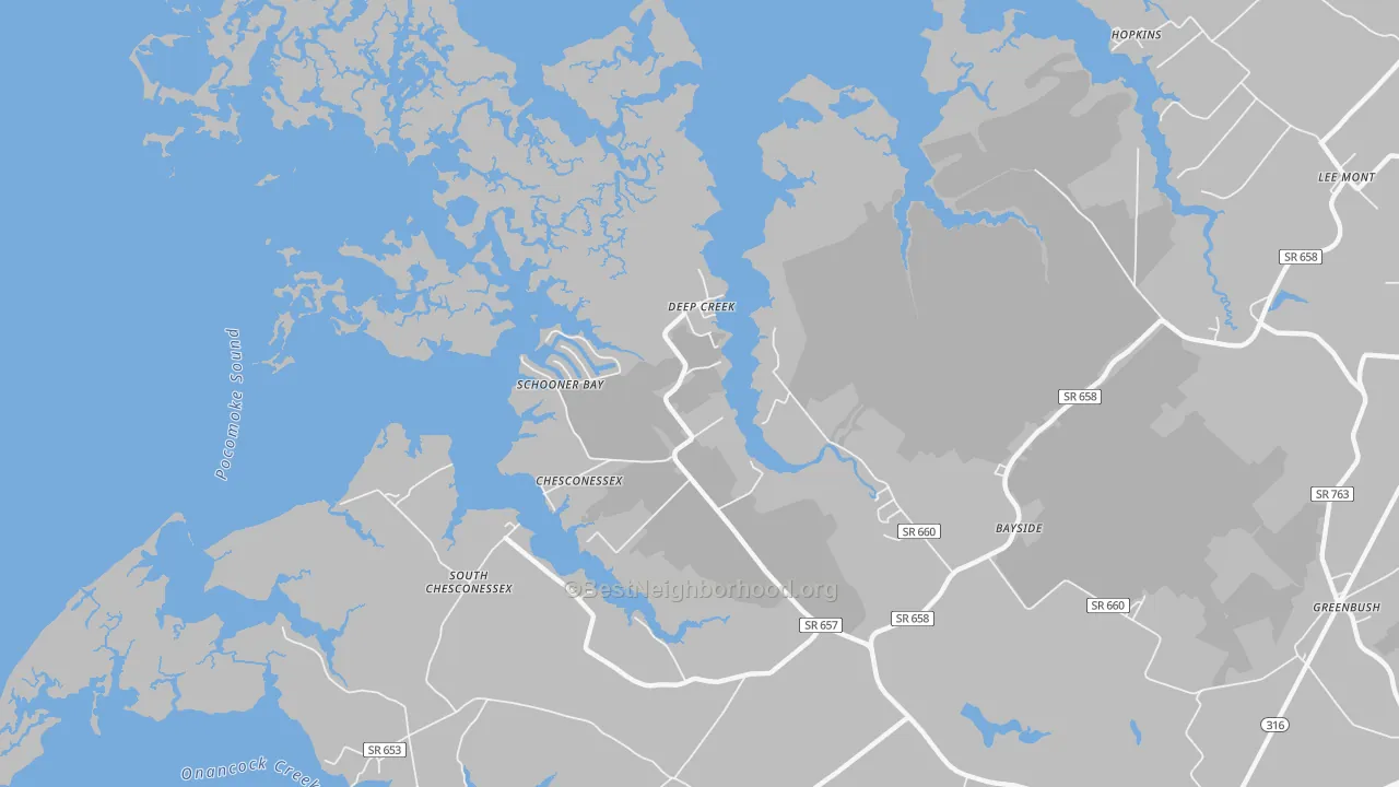 Walk Grade map of Deep Creek, VA, walkable areas in green and car-dependent areas in red